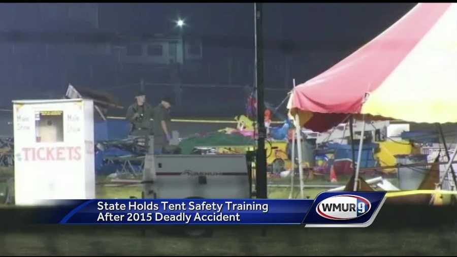 Firefighters from across the state trained Thursday on circus tent inspections and how to deal with collapses, nearly a year after a father and daughter died in a tent collapse.