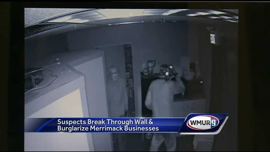Three people broke through a roof Monday morning and burglarized several business in Merrimack, police said.