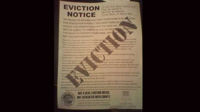 This is one of the mock eviction notices posted by FAU's Students for Justice in Palestine. (Terri Parker/WPBF)