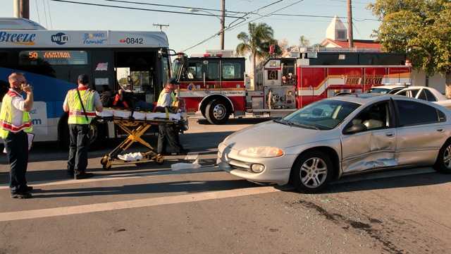 A Broward County Transit bus collided with two cars in Deerfield Beach, sending 14 people to area hospitals. (Mike Jachles/Broward Sheriff's Office)