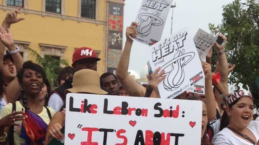 Miami Heat fans celebrate the team's second NBA championship outside the American Airlines Arena.