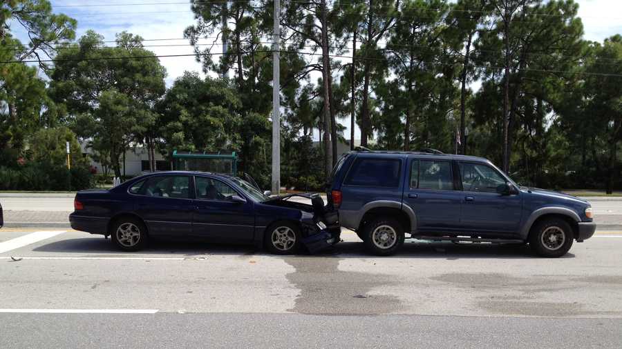 A car slammed into the back of an SUV outside a Palm Beach County Sheriff's Office substation.