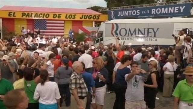 A large crowd gathers to watch Mitt Romney speak at El Palacio de los Jugos in Miami.
