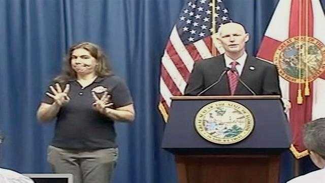 Gov. Rick Scott addresses reporters about the state's preparation as Tropical Storm Isaac looms.
