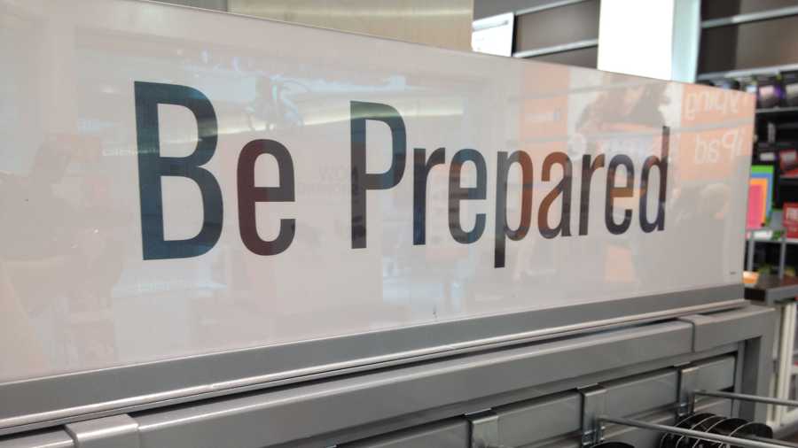 This display at Brookstone inside The Gardens Mall reminds shoppers to "be prepared."