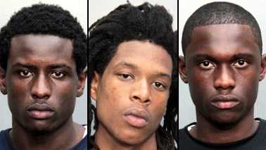 From left, Dedrick Brown, Travares Santiago and Willie Barney were arrested in connection with the shooting of an off-duty police officer in Miami over the weekend.