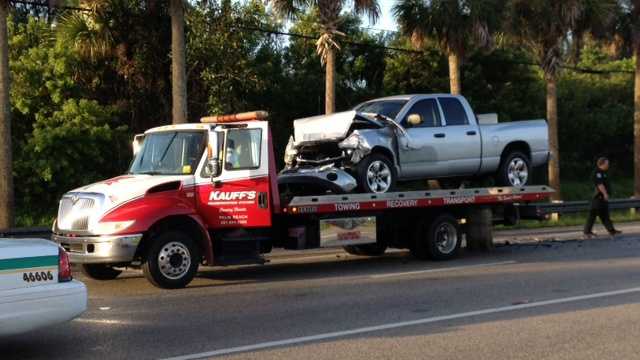 A crash involving a Palm Tran bus and this pickup truck sent more than a dozen people to area hospitals Monday morning. (Photo: Shelli Lockhart/WPBF)