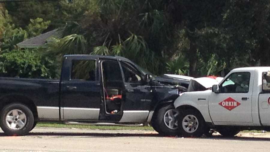 Two people were hospitalized after an Orkin pest control truck and pickup truck collided.