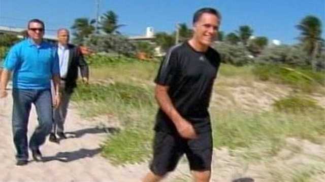 Mitt Romney heads to the beach a day before the final presidential debate at Lynn University.
