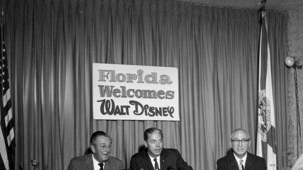 On Nov. 15, 1965, at the Cherry Plaza Hotel in Orlando, Walt Disney, Roy Disney and Gov. Hayden Burns make the first announcement of Disney World in Orlando.