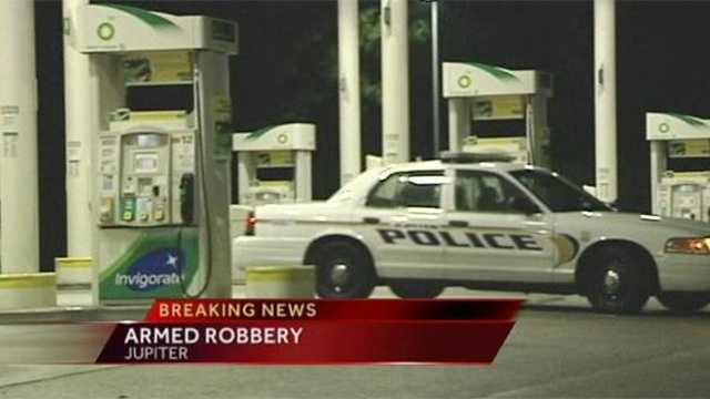 Police are looking for the two people who robbed a gas station in Jupiter.