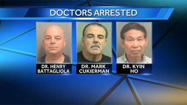 Three doctors were arrested at a clinic in Boca Raton, accused of prescribing painkillers without a license.