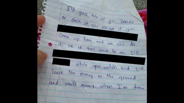 This is the note that a woman says a flasher gave her on the beach.