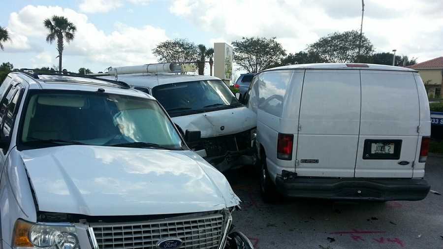 A driver suffered a fatal heart attack, crashing his van into several vehicles in this day care parking lot.