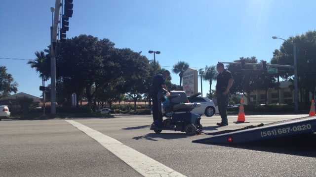 A woman in a motorized chair was flown to Delray Medical Center after she was struck by a truck in Palm Springs.