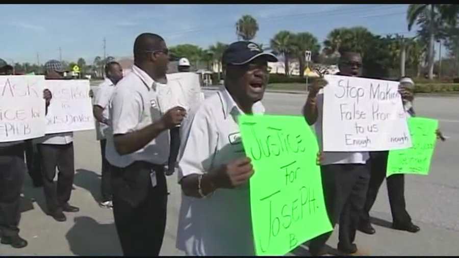 About 30 bus drivers protested Monday outside Palm Beach County School District headquarters, demanding safety improvements after one of their own was attacked by parents.