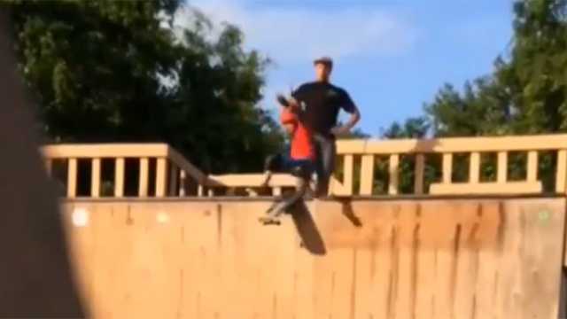 Video uploaded to Youtube over the weekend shows a dad kicking his skateboarding son onto a half-pipe, then walking away.