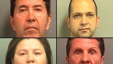 Jorge Alarcon, (top left) was arrested in connection with a series of botched plastic surgeries allegedly done by unlicensed practitioners at a West Palm Beach clinic. Also arrested in the case are, clockwise from top right: Juan Carlos Pinzon, Dr. William Marrocco and Monica Daza.