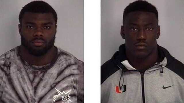 Alexander Figueroa (left) and JaWand Blue (right) have been arrested and suspended from the University of Miami football team following a sexual battery allegation.