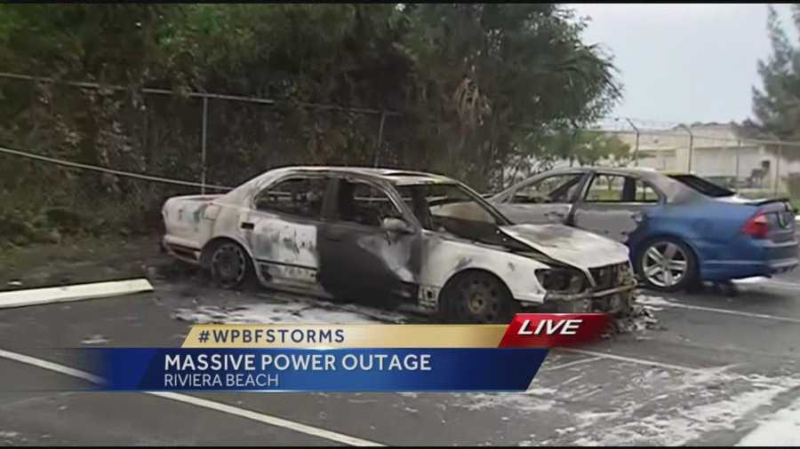 A man's brand new car caught fire Wednesday afternoon after strong storms brought severe lightning that struck nearby power lines next to two parked vehicles. Randy Gyllenhaal has the story.