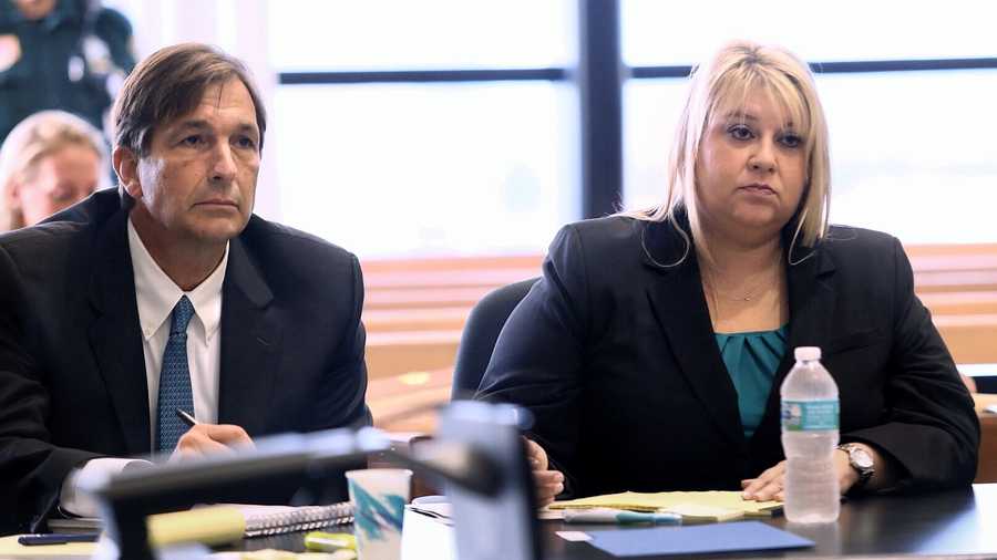 John Goodman and attorney Elizabeth Parker listen to Judge Colbath question a juror Monday, October 13, 2014 about an incident that happened outside her balcony over the weekend where she said 3 people told her, in her words, that she was “going to jail like Van Fleet". John Goodman is charged with DUI manslaughter in the death of Scott Wilson. (Lannis Waters / The Palm Beach Post) 