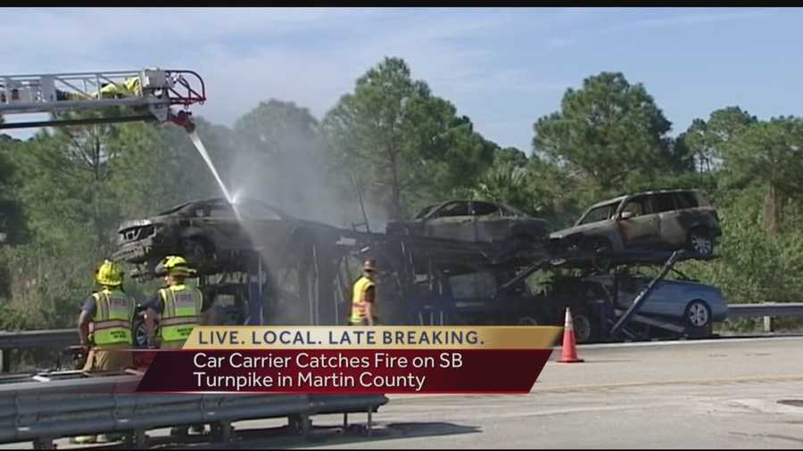 Southbound traffic was delayed Wednesday following a car carrier fire on the Florida Turnpike just before Jupiter. All lanes were shutdown for a time as crews worked to extinguish the blaze.