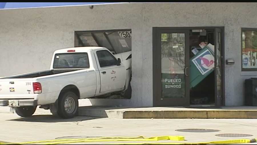 A truck slammed into a Fort Pierce gas station Monday. John Dzenitis reports.