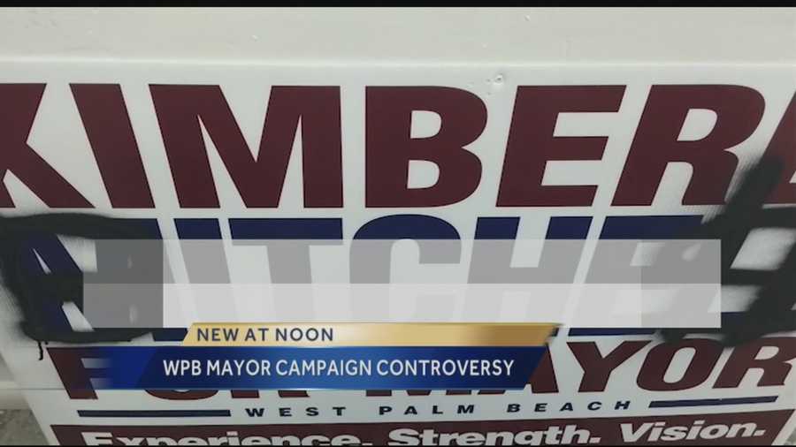 West Palm Beach mayor candidate Kimberly Mitchell is claiming that Jeri Muoio's campaign is engaging in dirty politics after several of Mitchell's campaign signs have been found defaced with a derogatory term.
