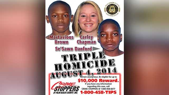 Crime Stoppers has increased the award to $10,000 for information leading to an arrest in a Mangonia Park triple murder case. Carley Chapman, 19, Martavious Brown, 17, and Se'Sawn Danford, 17, were shot and killed in 2014 by two men who stormed through the door of an apartment where the three were playing video games.