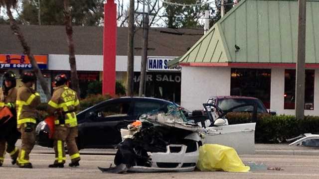 Crews were called to Okeechobee Boulevard and Spencer Drive after three cars collided Friday morning.
