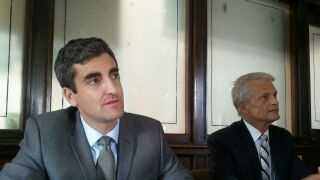 Burlington Mayor Miro Weinberger and Paul Sisson, Chief Administrative Officer, at news conference Monday.
