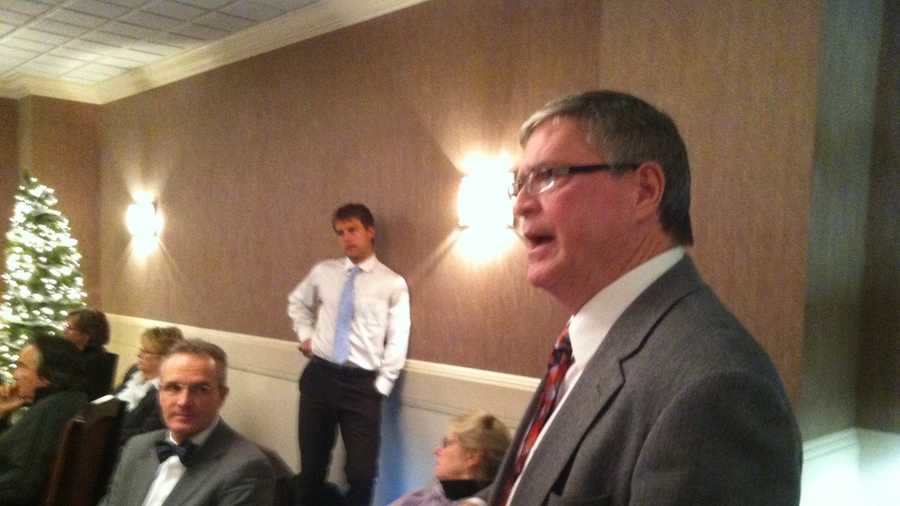 Sen. John Campbell addresses the Democratic caucus in Montpelier Tuesday.