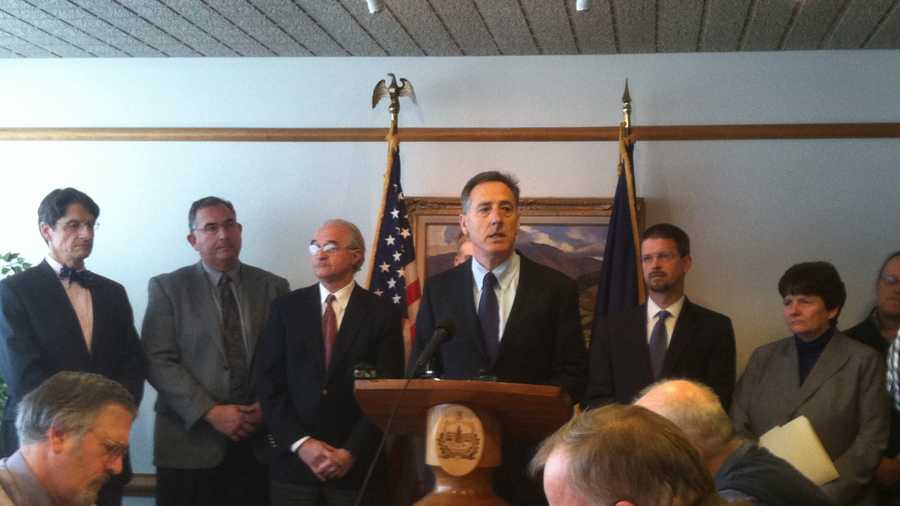 Gov. Peter Shumlin, flanked by the Attorney General, House Speaker, and union representatives, endorsed pension reform to address cases of fraud. 