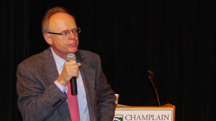 Champlain College President David Finney addresses a school assembly Monday morning. 
