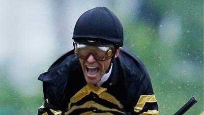 A Joyful Gary Stevens After Crossing The Finish Line Aboard Oxbow in Saturday's Preakness Stakes at Pimlico Racecourse.