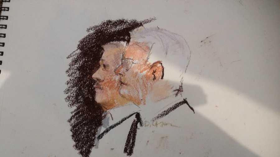 Sketch art rendering of Jacques with his defense attorney in federal court.
