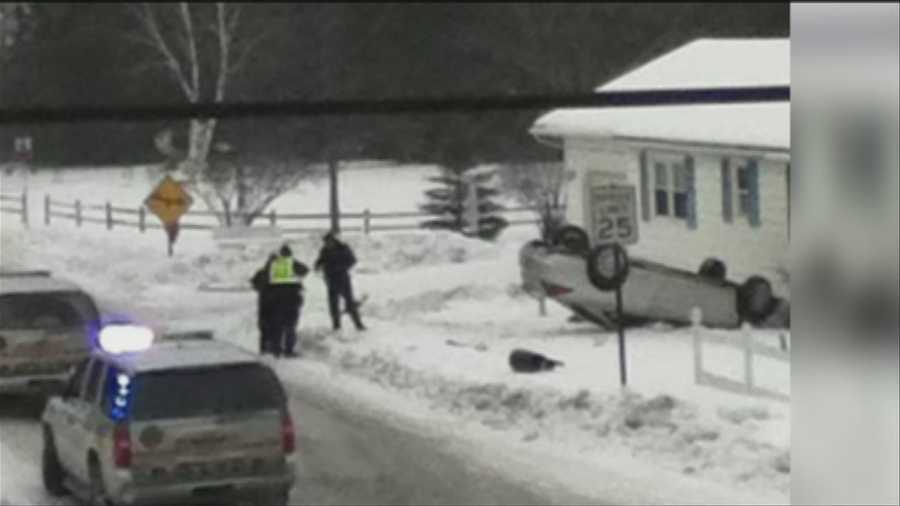 A car slammed into a house Thursday. Police said slick roads and snow are likely to blame.