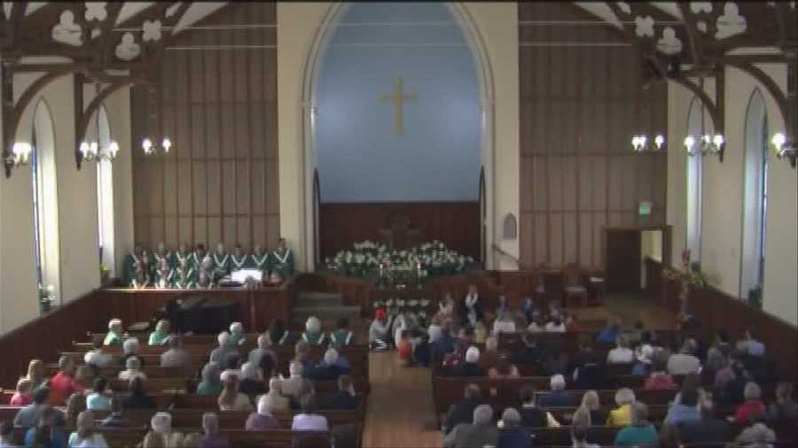 After a man set fire to their steeple in October, members at the College Street Congregational Church were back in their pews for their first service Easter Sunday.