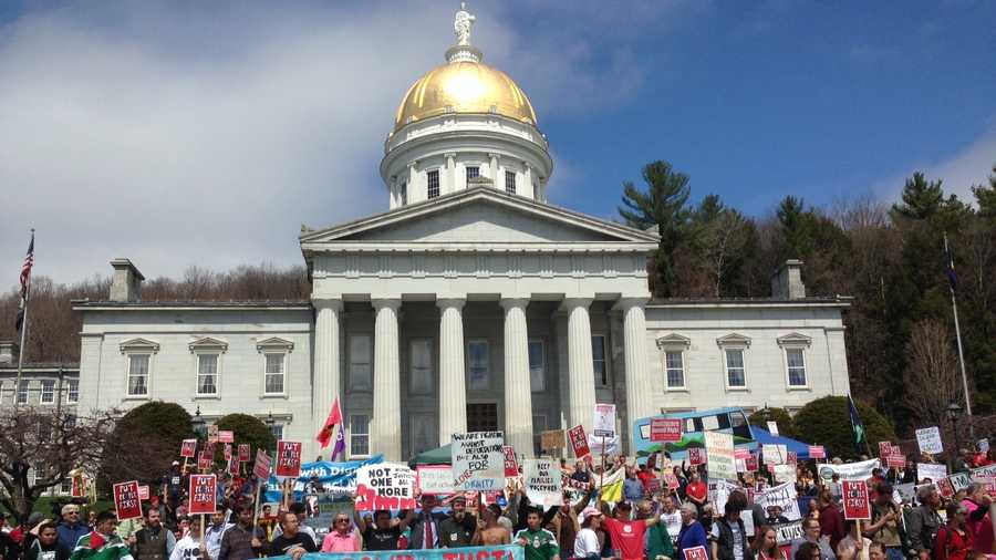 Hundreds of labor activists marched through Montpelier to the Statehouse Thursday to press for action on a range of legislation.  