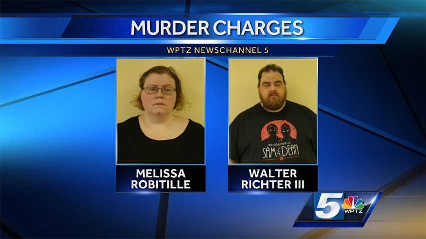 Melissa Robitille and Walter Richter III, both 38 and of Hardwick, Vt., were arrested Oct. 7, 2014 and charged with second-degree murder in the August death her son, 13-year-old Isaac Robitille, They will be arraigned Oct. 8, 2014 in Caledonia Superior Court. Vermont State Police say the pair administered alcohol to Isaac through his IV, which contributed to his death. Police add Isaac was born with significant medical conditions and handicaps that required feeding tubes, IVs and caretakers.