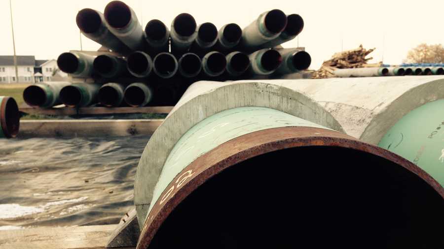Sections of Vermont Gas pipe ready for welding in Williston. 