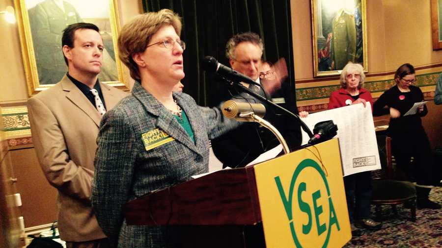 Dr. Leslie Matthews, a state employee, speaking at the VSEA's 'Fight Back' news conference Thursday. 