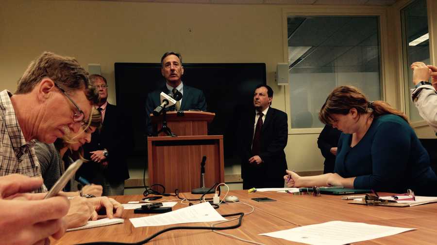 Gov. Peter Shumlin takes questions at his weekly news conference in Montpelier. 