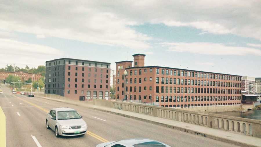 Architect sketch of the proposed 93-room hotel between the Champlain Mill and Winooski bridge.