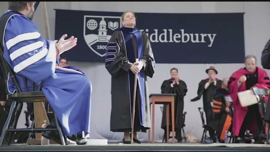 Middlebury College inducted its first female president during a ceremony on the campus quad this afternoon.