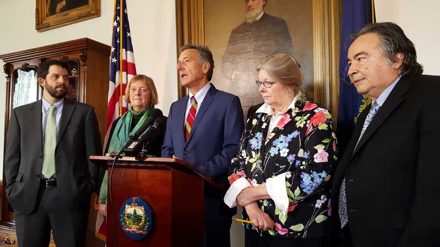 Gov. Shumlin speaks at the Statehouse Thursday, flanked by Reps. Chris Pearson and Mary Sullivan and Sens. Jeanette White and Anthony Pollina. 
