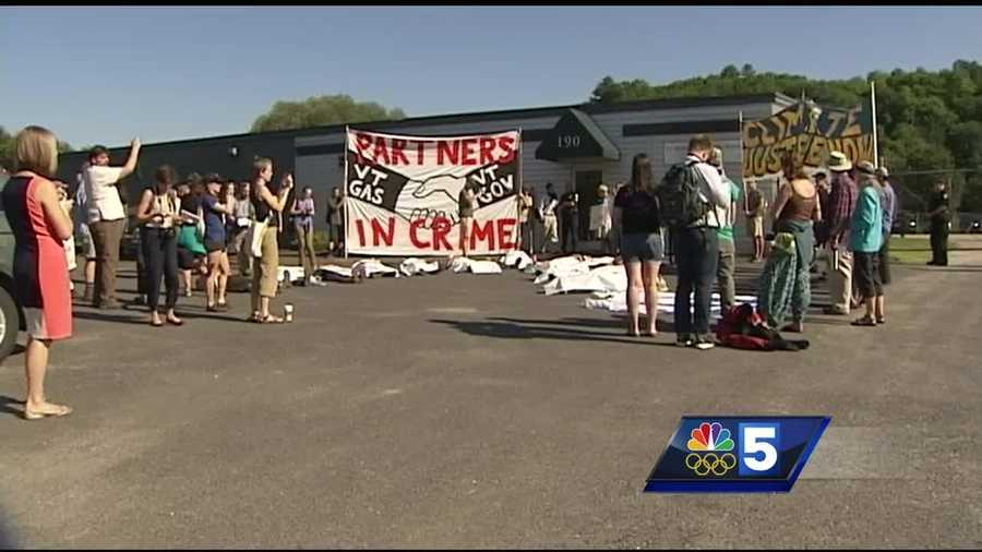 Demonstrators laid down in protest Thursday morning outside the Vermont Public Service Board's hearing on eminent domain and construction of a gas pipeline.