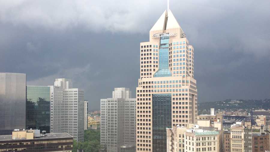 Dark storm clouds move over the downtown Pittsburgh area.