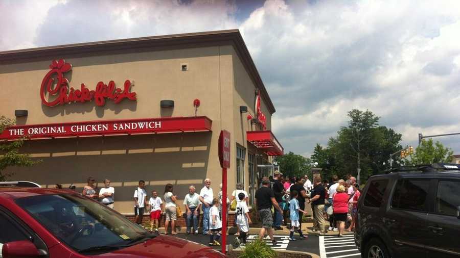 Customers line up at a Chick-fil-A restaurant in Monroeville