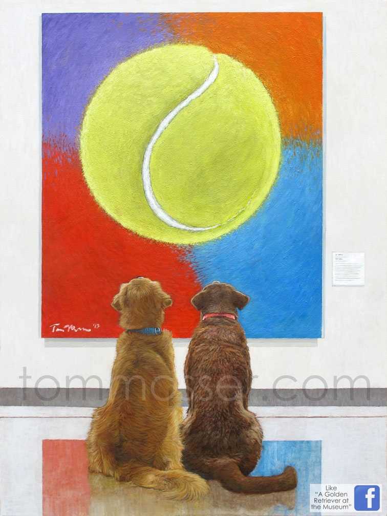 dog looking at tennis ball painting